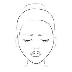 Illustration on a white background outline of the human female face for makeup. Face chart template for make up.How to put on perfect make up. Contouring for face shapes. Line vector illustration.