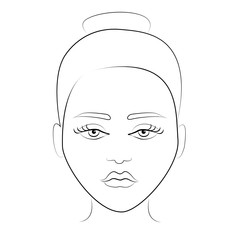 Illustration on a white background outline of the human female face for makeup. Face chart template for make up.How to put on perfect make up. Contouring for face shapes. Line vector illustration.