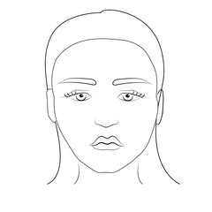 Illustration on a white background outline of the human female face for makeup. Face chart template for make up.How to put on perfect make up. Contouring for face shapes. Line vector illustration.