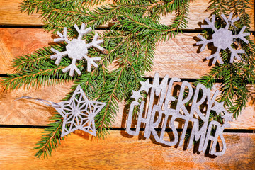 Christmas felt toys on wooden background. Christmas card