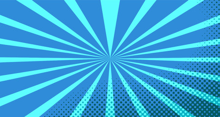 Vintage colorful comic book background. Blue blank bubbles of different shapes. Rays, radial, halftone, dotted effects. For sale banner for your designe 1960s. With copy space eps10.