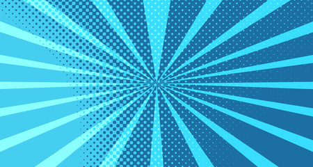 Vintage colorful comic book background. Blue blank bubbles of different shapes. Rays, radial, halftone, dotted effects. For sale banner for your designe 1960s. With copy space eps10.