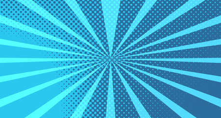 Vintage colorful comic book background. Blue blank bubbles of different shapes. Rays, radial, halftone, dotted effects. For sale banner for your designe 1960s. With copy space eps10.