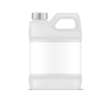White plastic canister with blank label, vector mockup. Jug container with handle and screw cap, mockup. Large bottle package, template for design