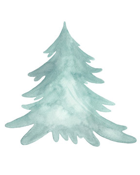 Watercolor christmas light green tree painted by hand isolated on a white background. Vertical raster card template with place for your text.