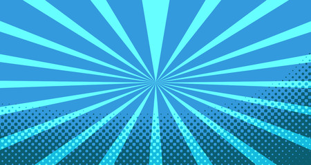 Vintage colorful comic book background. Blue blank bubbles of different shapes. Rays, radial, halftone, dotted effects. For sale banner for your designe 1960s. With copy space eps10.