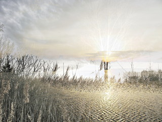 The mixed image of the view of the ice on the surface of the lake and the natural background of the view of the lake shore at the cold spring day at the City Park. 