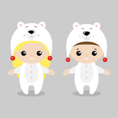 Polar Bear costume.Cute kids wearing Christmas costumes. Set of Christmas characters. Vector illustration
