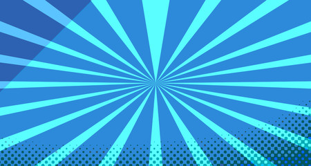 Vintage colorful comic book background. Blue blank bubbles of different shapes. Rays, radial, halftone, dotted effects. For sale banner for your designe 1960s. With copy space eps10.