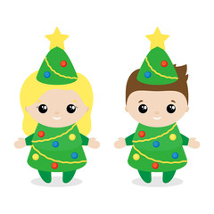 Christmas tree costume.Cute kids wearing Christmas costumes. Set of Christmas characters. Vector illustration