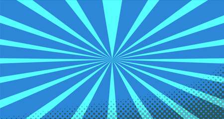 Vintage colorful comic book background. Blue blank bubbles of different shapes. Rays, radial, halftone, dotted effects. For sale banner for your designe 1960s. With copy space eps10.