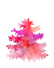 Red pink purple Watercolor christmas tree painted by hand isolated on a white background. Vertical raster postcard template with place for your text.