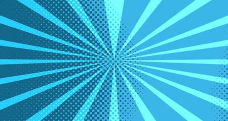 Vintage colorful comic book background. Blue blank bubbles of different shapes. Rays, radial, halftone, dotted effects. For sale banner for your designe 1960s. With copy space eps10.