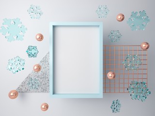 3d minimal winter scene with snowflakes falling. Abstract scene in blue and white winter colors with blank space for banner and grid in the backgroud. Empty mock up, product presentation. 3d render. 
