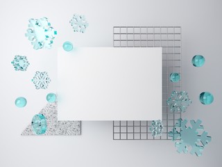 3d minimal winter scene with snowflakes falling. Abstract scene in blue and white winter colors with blank space for banner and grid in the backgroud. Empty mock up, product presentation. 3d render. 