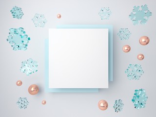 3d minimal winter scene with snowflakes falling. Abstract scene in blue and white winter colors with blank space for banner and grid in the backgroud. Empty mock up, product presentation. 3d render. 