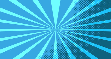 Vintage colorful comic book background. Blue blank bubbles of different shapes. Rays, radial, halftone, dotted effects. For sale banner for your designe 1960s. With copy space eps10.