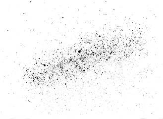 A cluster of black small droplets in the shape of an ellipse like a galaxy. Small spray of black mascara on a white horizontal background. Hand-drawn stock raster illustration. Can be used in collage.