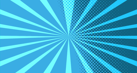 Vintage colorful comic book background. Blue blank bubbles of different shapes. Rays, radial, halftone, dotted effects. For sale banner for your designe 1960s. With copy space eps10.