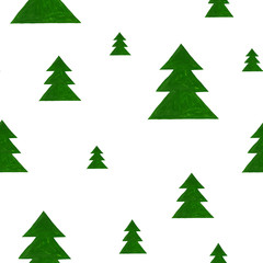 square green christmas tree seamless pattern. The tree is stylized as a geometric silhouette of triangles. Hand-drawn raster stock illustration isolated on white.