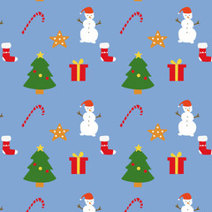 Cartoon winter Merry Christmas and Happy New Year pattern illustration  with cute snowman. Fun flat design. New year.  Fabric and wrapping paper design.