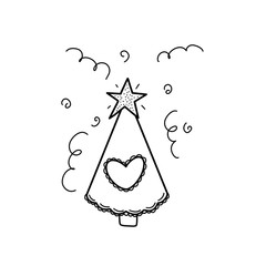 Cute christmas tree decorated with star and heart. Black and white illustration of a Christmas tree with a flying serpentine. Holiday illustration for greeting cards and coloring.