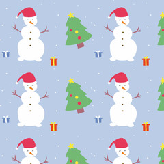 Cartoon winter Merry Christmas and Happy New Year pattern illustration  with cute snowman. Fun flat design. New year.  Fabric and wrapping paper design.