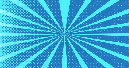 Vintage colorful comic book background. Blue blank bubbles of different shapes. Rays, radial, halftone, dotted effects. For sale banner for your designe 1960s. With copy space eps10.