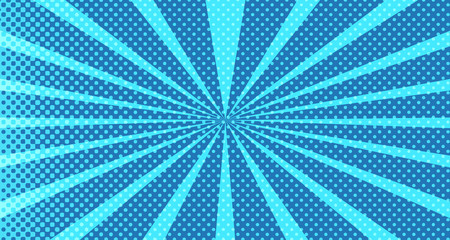 Vintage colorful comic book background. Blue blank bubbles of different shapes. Rays, radial, halftone, dotted effects. For sale banner for your designe 1960s. With copy space eps10.