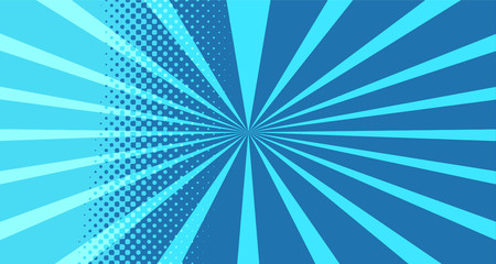 Vintage colorful comic book background. Blue blank bubbles of different shapes. Rays, radial, halftone, dotted effects. For sale banner for your designe 1960s. With copy space eps10.