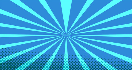 Vintage colorful comic book background. Blue blank bubbles of different shapes. Rays, radial, halftone, dotted effects. For sale banner for your designe 1960s. With copy space eps10.