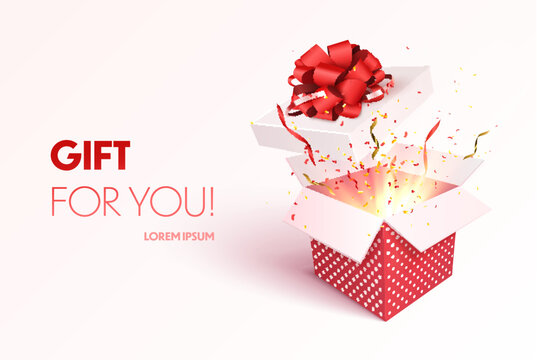 Open gift box with confetti burst explosion isolated. 3d vector background