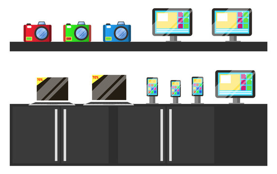 Sale of camera, touchscreen phone, laptop and tv set. Big discounts of wireless device on table, monitor of computer, television and smartphone. Purchase of electronic equipment in marketplace vector