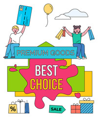 Premium goods vector, banner with geometric shapes. Promotion and propositions for shopper. Man holding credit cards in hands. Woman with bags with purchases, presents and giftbox flat style