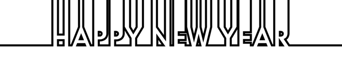 Happy New Year - greeting card, invitation, poster, flyer - black continuous outline letters - vector