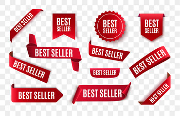 Best seller red ribbon isolated. Vector 3d labels. - obrazy, fototapety, plakaty