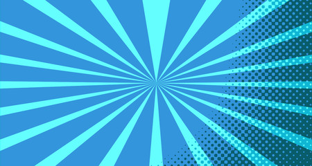 Vintage colorful comic book background. Blue blank bubbles of different shapes. Rays, radial, halftone, dotted effects. For sale banner for your designe 1960s. With copy space eps10.