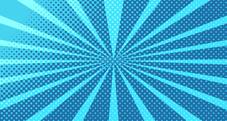 Vintage colorful comic book background. Blue blank bubbles of different shapes. Rays, radial, halftone, dotted effects. For sale banner for your designe 1960s. With copy space eps10.