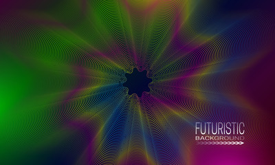 Futuristic background design with multicoloured array of dots and lines. Techno style banner template.