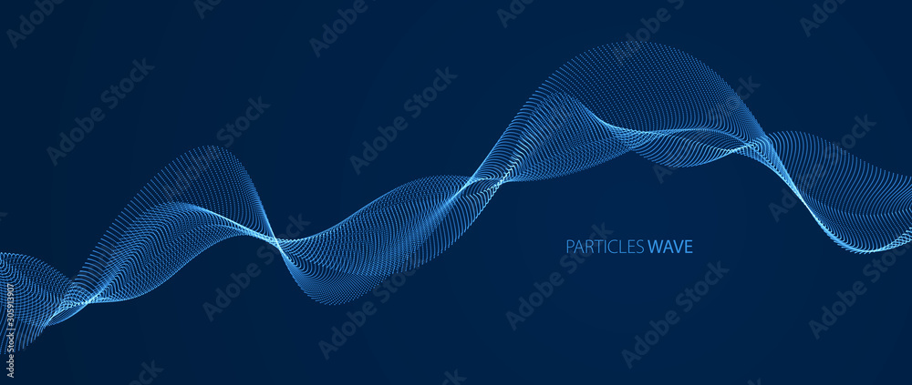 Poster vector abstract background with wave of flowing particles over dark, smooth curve shape lines, parti