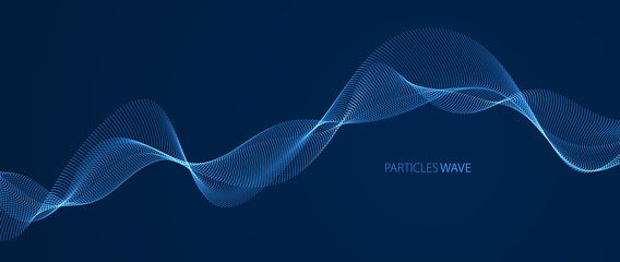 Vector abstract background with wave of flowing particles over dark, smooth curve shape lines, particle array flow. 3d shape glowing dots blended mesh, technology relaxing wallpaper.