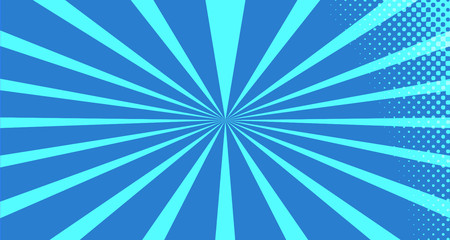 Vintage colorful comic book background. Blue blank bubbles of different shapes. Rays, radial, halftone, dotted effects. For sale banner for your designe 1960s. With copy space eps10.