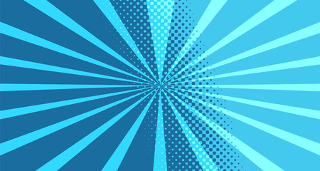 Vintage colorful comic book background. Blue blank bubbles of different shapes. Rays, radial, halftone, dotted effects. For sale banner for your designe 1960s. With copy space eps10.