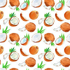 Watercolor seamless pattern with coconut.