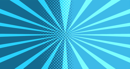 Vintage colorful comic book background. Blue blank bubbles of different shapes. Rays, radial, halftone, dotted effects. For sale banner for your designe 1960s. With copy space eps10.