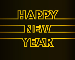 Happy New Year - greeting card, invitation, poster, flyer - golden continuous outline letters - vector