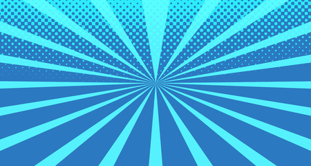 Vintage colorful comic book background. Blue blank bubbles of different shapes. Rays, radial, halftone, dotted effects. For sale banner for your designe 1960s. With copy space eps10.