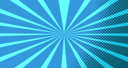 Vintage colorful comic book background. Blue blank bubbles of different shapes. Rays, radial, halftone, dotted effects. For sale banner for your designe 1960s. With copy space eps10.