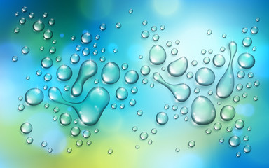 Water rain drops or condensation over blurred green nature background beyond the window, realistic transparent 3d vector illustration, easy to put over any background.