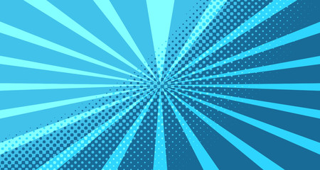 Vintage colorful comic book background. Blue blank bubbles of different shapes. Rays, radial, halftone, dotted effects. For sale banner for your designe 1960s. With copy space eps10.